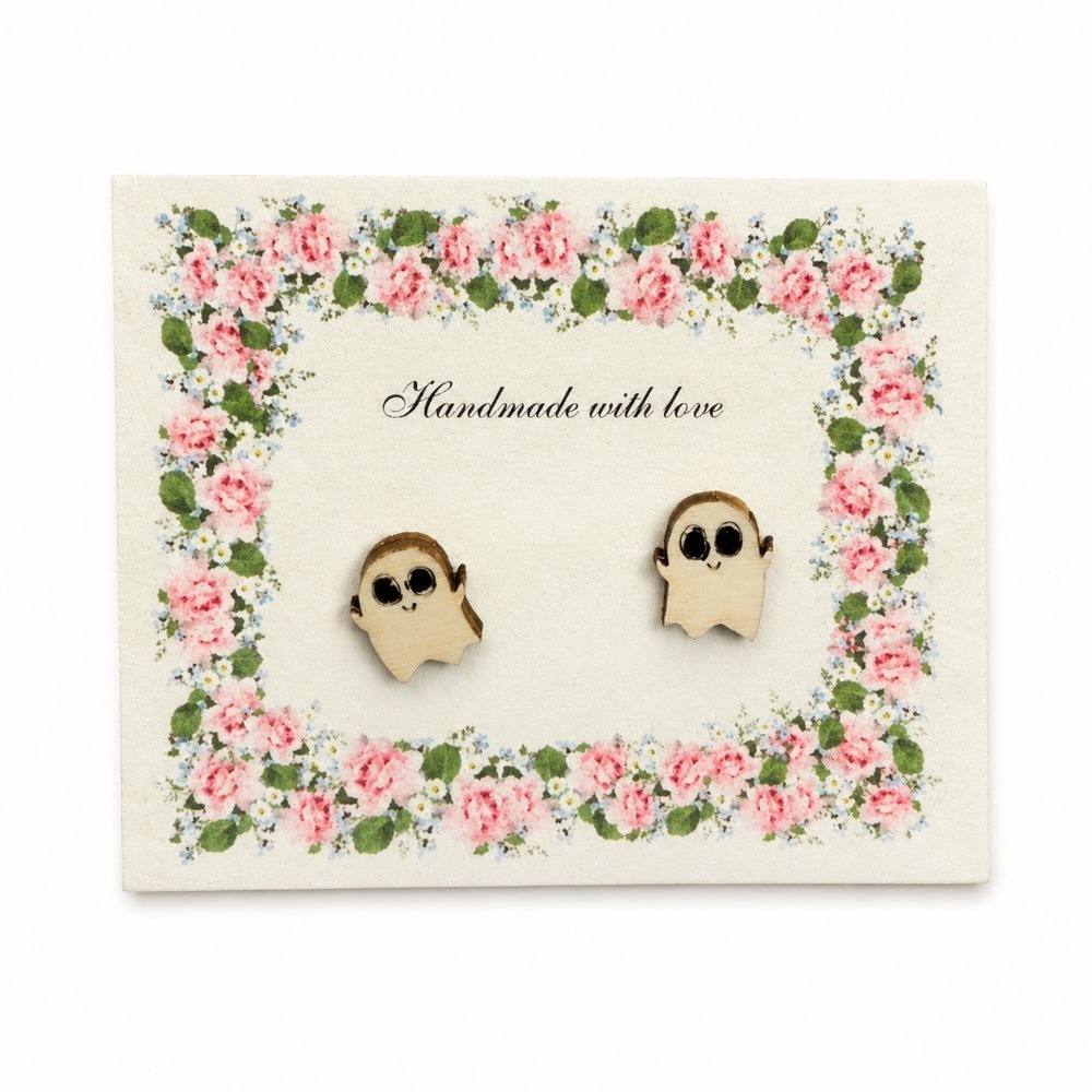 Handmade Ghost Stud Earrings Women OS Natural Wood Halloween Spooky Waving Cute